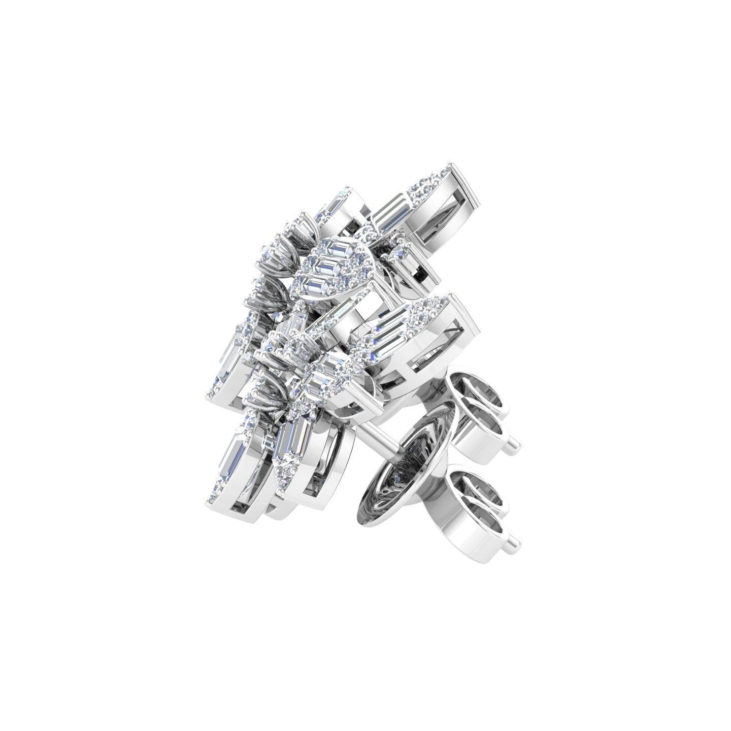 Baguette Cut 0.95 Carat SI/H Round Brilliant Cut Diamond 18 Karat White Gold Floral Earrings For Sale
