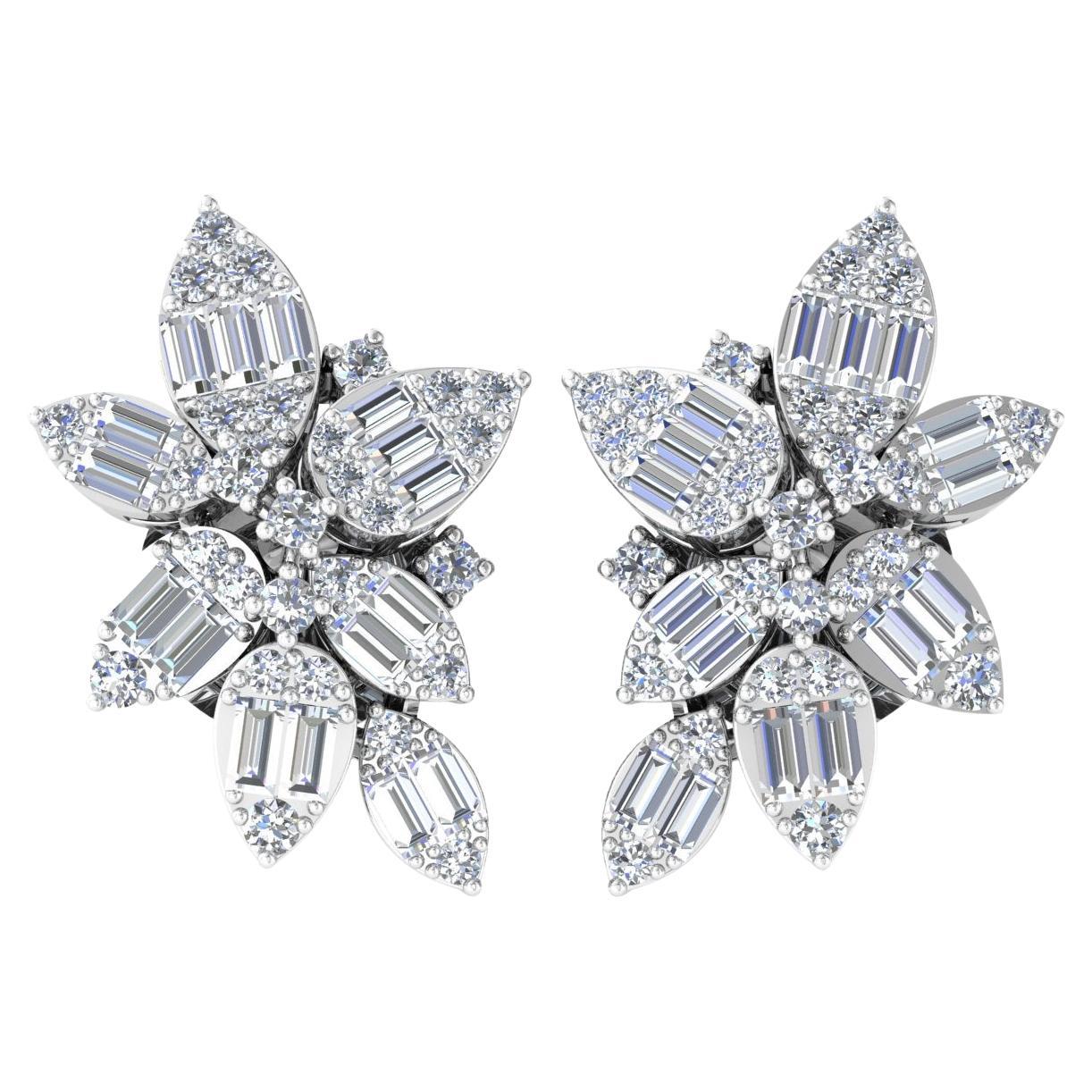 0,95 quilates SI/H Diamante talla brillante redondo Pendientes florales de oro blanco de 18 quilates