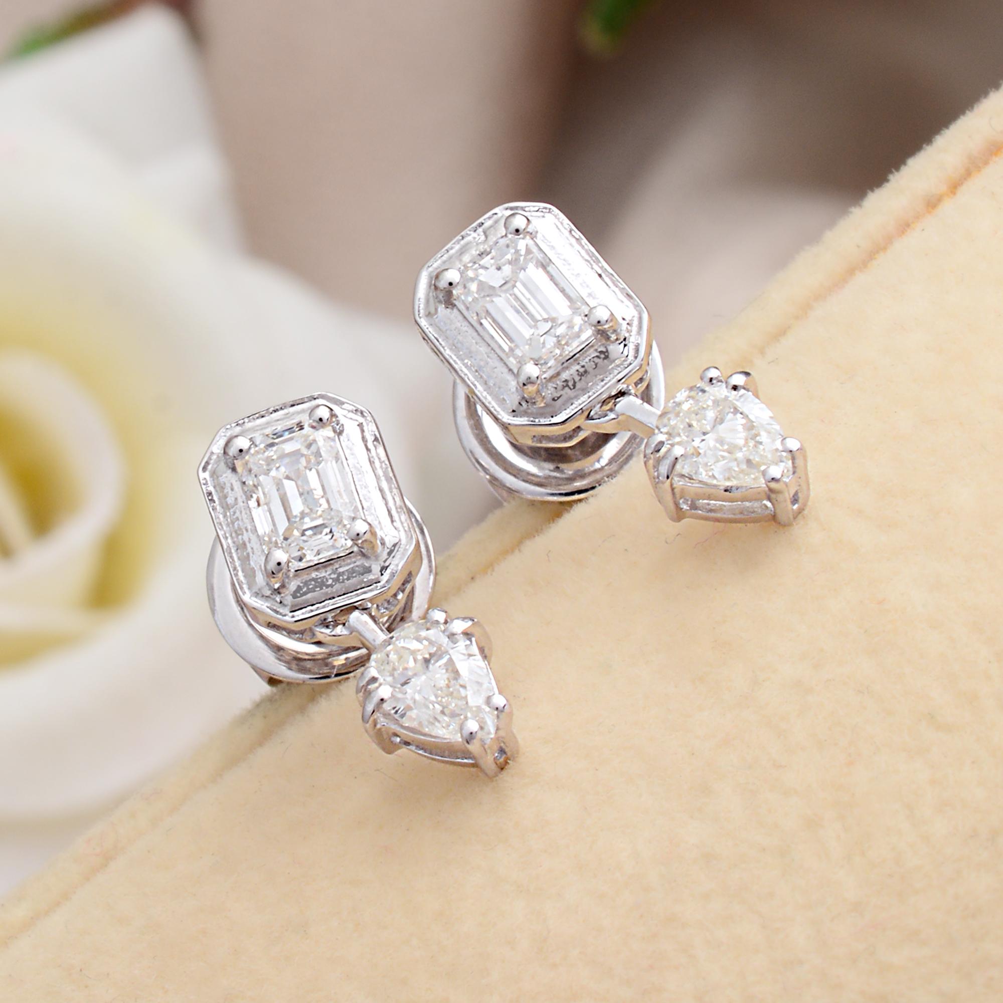 Modern 0.95 Carat SI/HI Pear Emerald Cut Diamond Earrings 18 Karat White Gold Jewelry For Sale