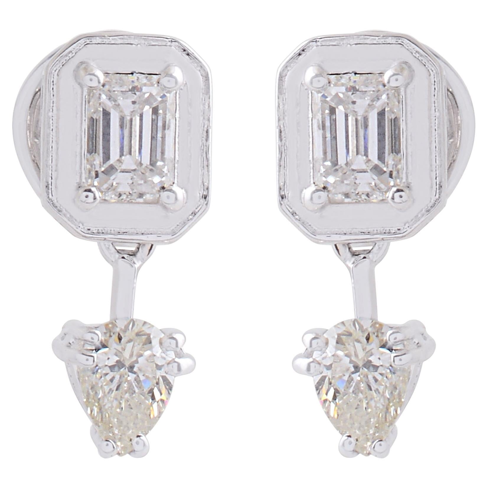 0.95 Carat SI/HI Pear Emerald Cut Diamond Earrings 18 Karat White Gold Jewelry For Sale