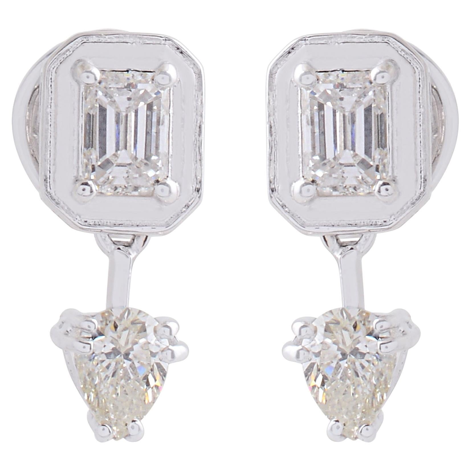 0.95 Carat SI/HI Pear Emerald Cut Diamond Earrings 18 Karat White Gold Jewelry