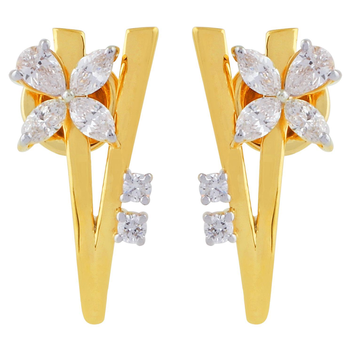 0.95 Carat SI/HI Pear Marquise Diamond Half Hoop Earrings 18 Karat Yellow Gold For Sale