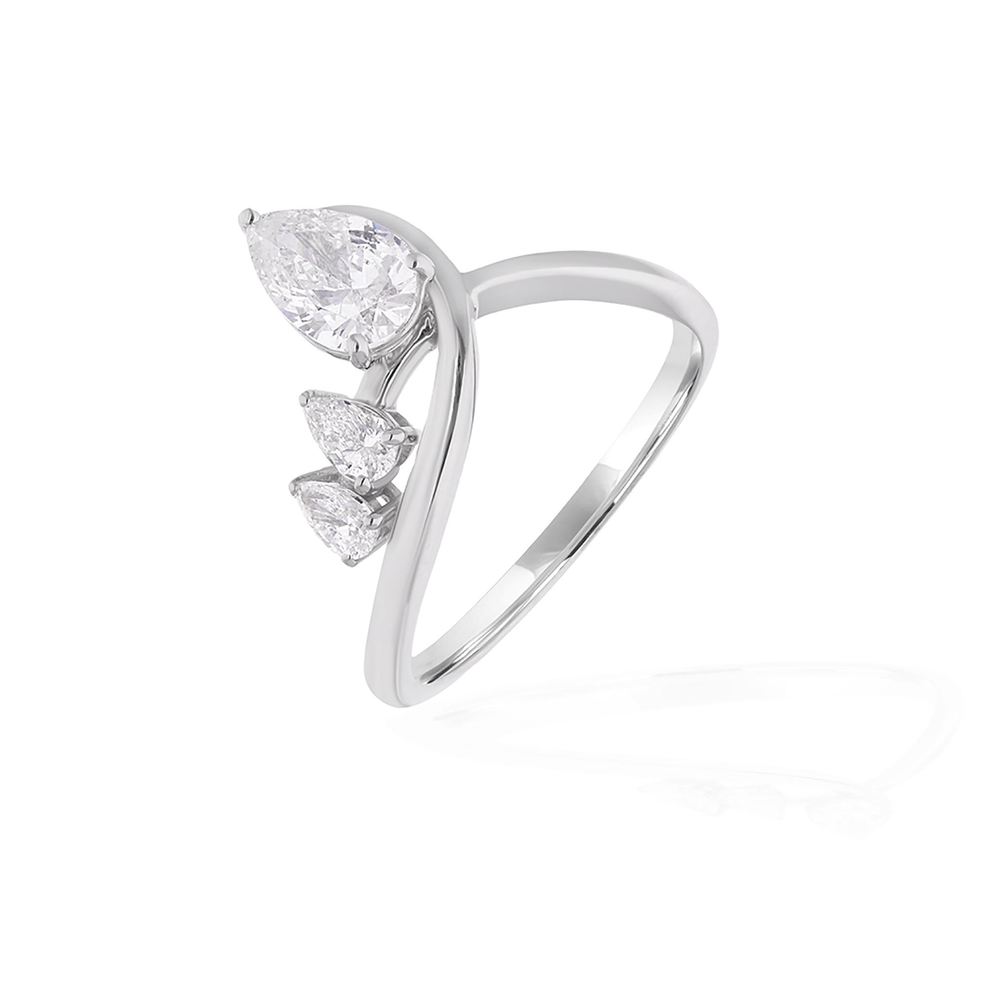 Modern 0.95 Carat Three Pear Shape Diamond Ring 14 Karat White Gold Handmade Jewelry For Sale