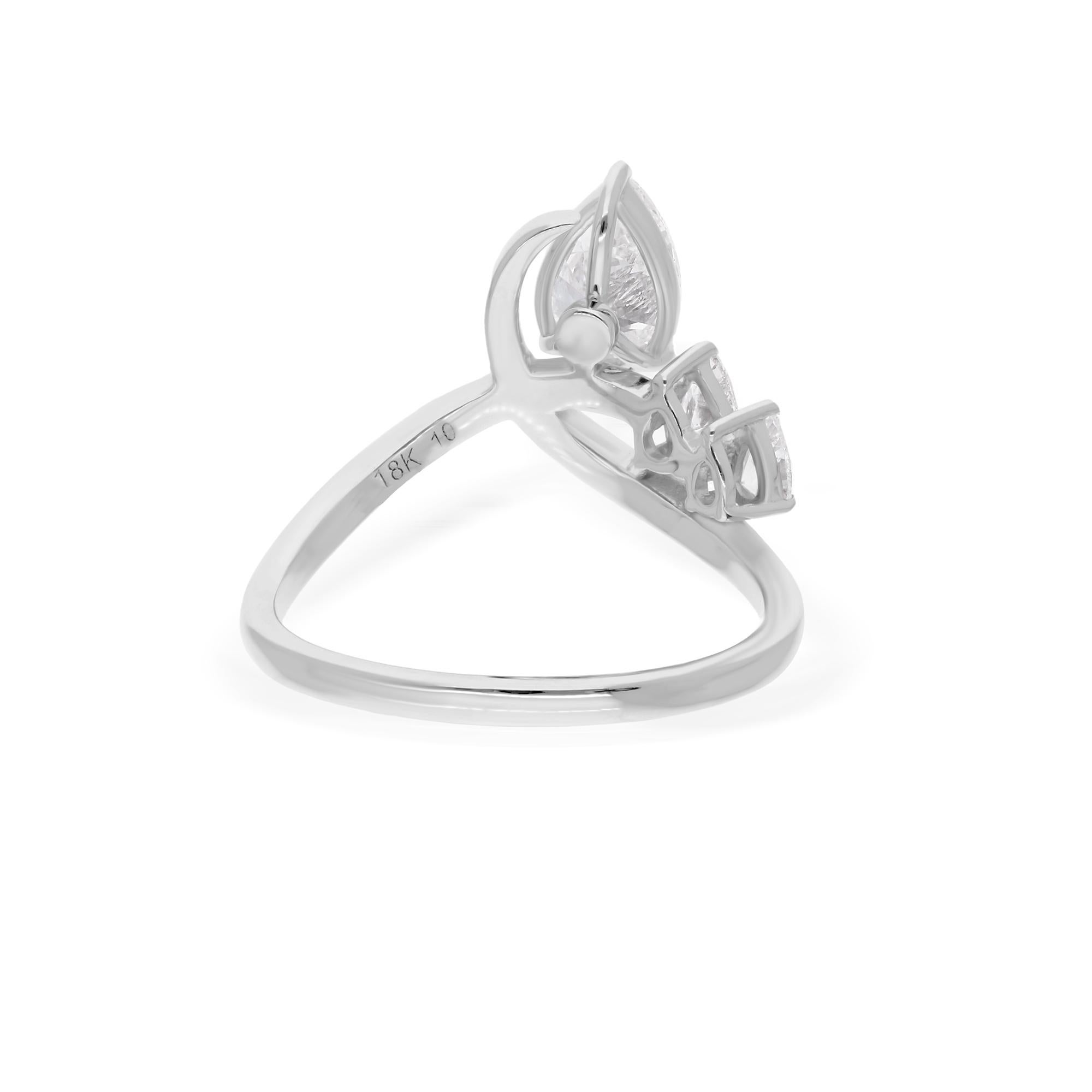 Pear Cut 0.95 Carat Three Pear Shape Diamond Ring 14 Karat White Gold Handmade Jewelry For Sale