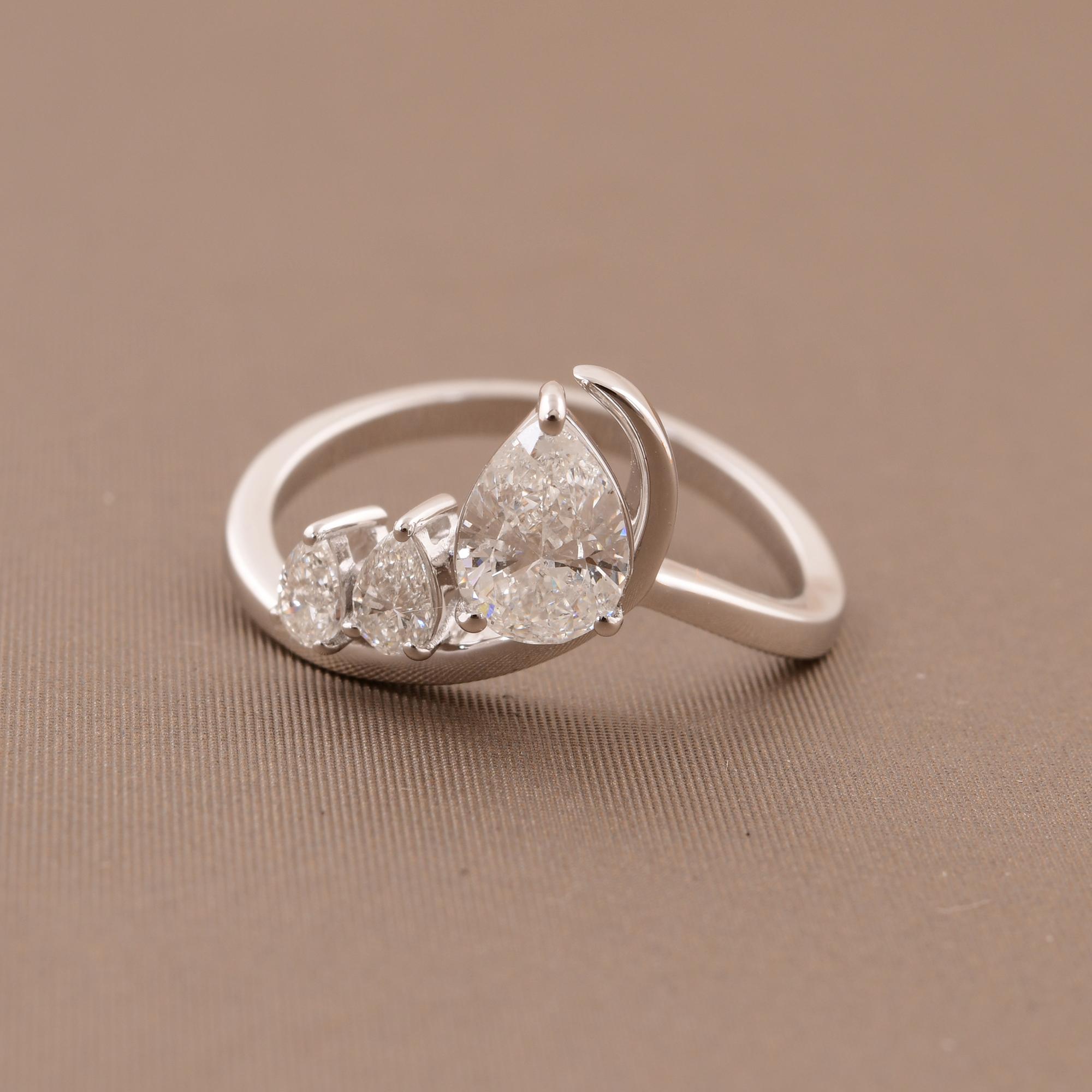 Women's 0.95 Carat Three Pear Shape Diamond Ring 14 Karat White Gold Handmade Jewelry For Sale