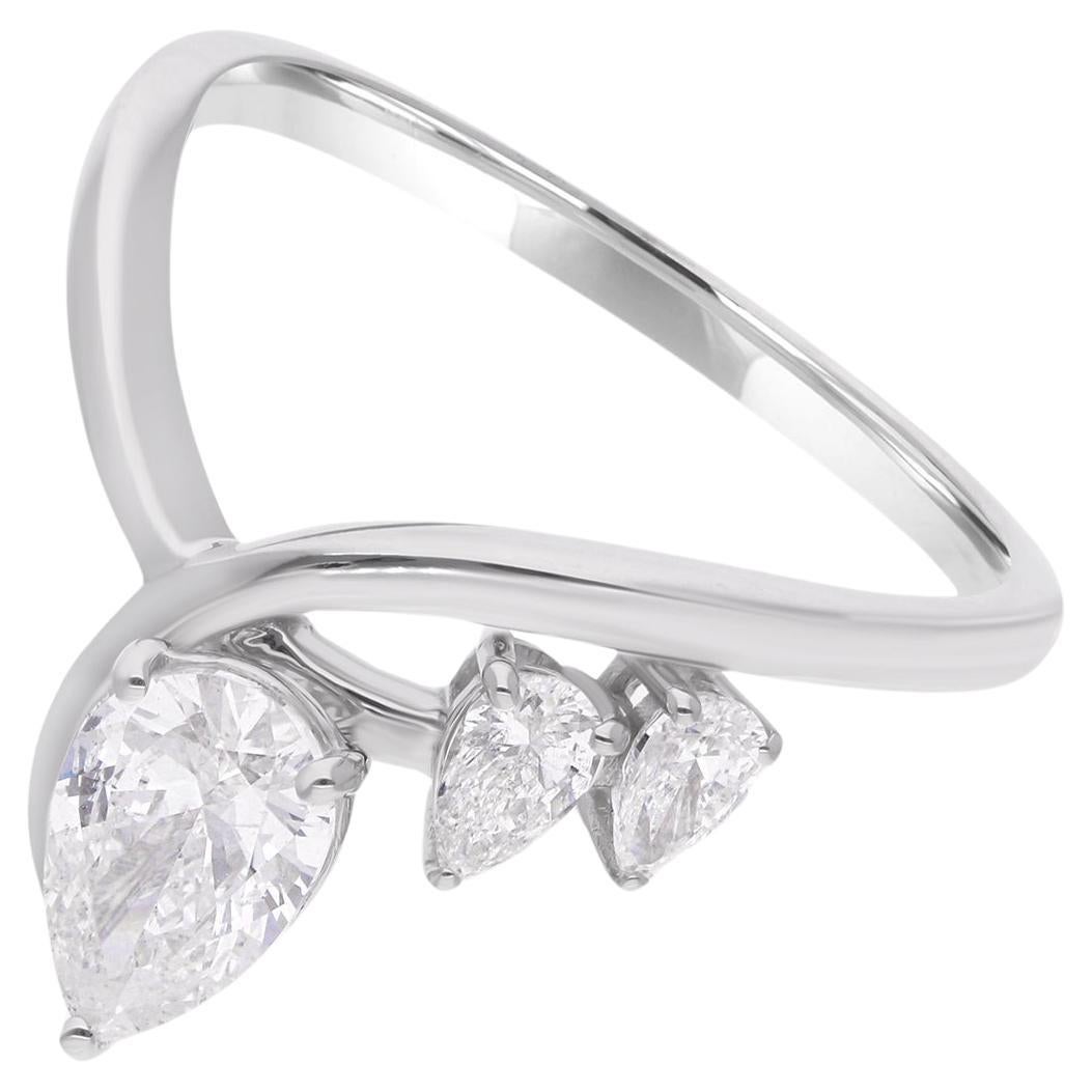 0.95 Carat Three Pear Shape Diamond Ring 14 Karat White Gold Handmade Jewelry For Sale