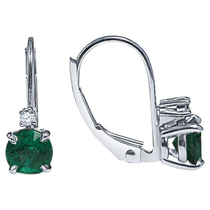 0.95 Carat Total Weight Natural Round Emerald & Diamond Drop Earrings For Sale