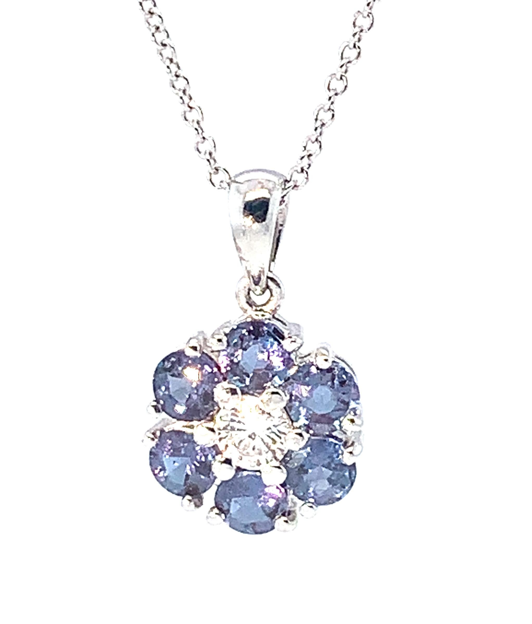 0.95 carat t.w. Alexandrite, Diamond 18k White Gold Floral Drop Pendant w/ Chain In New Condition In Los Angeles, CA