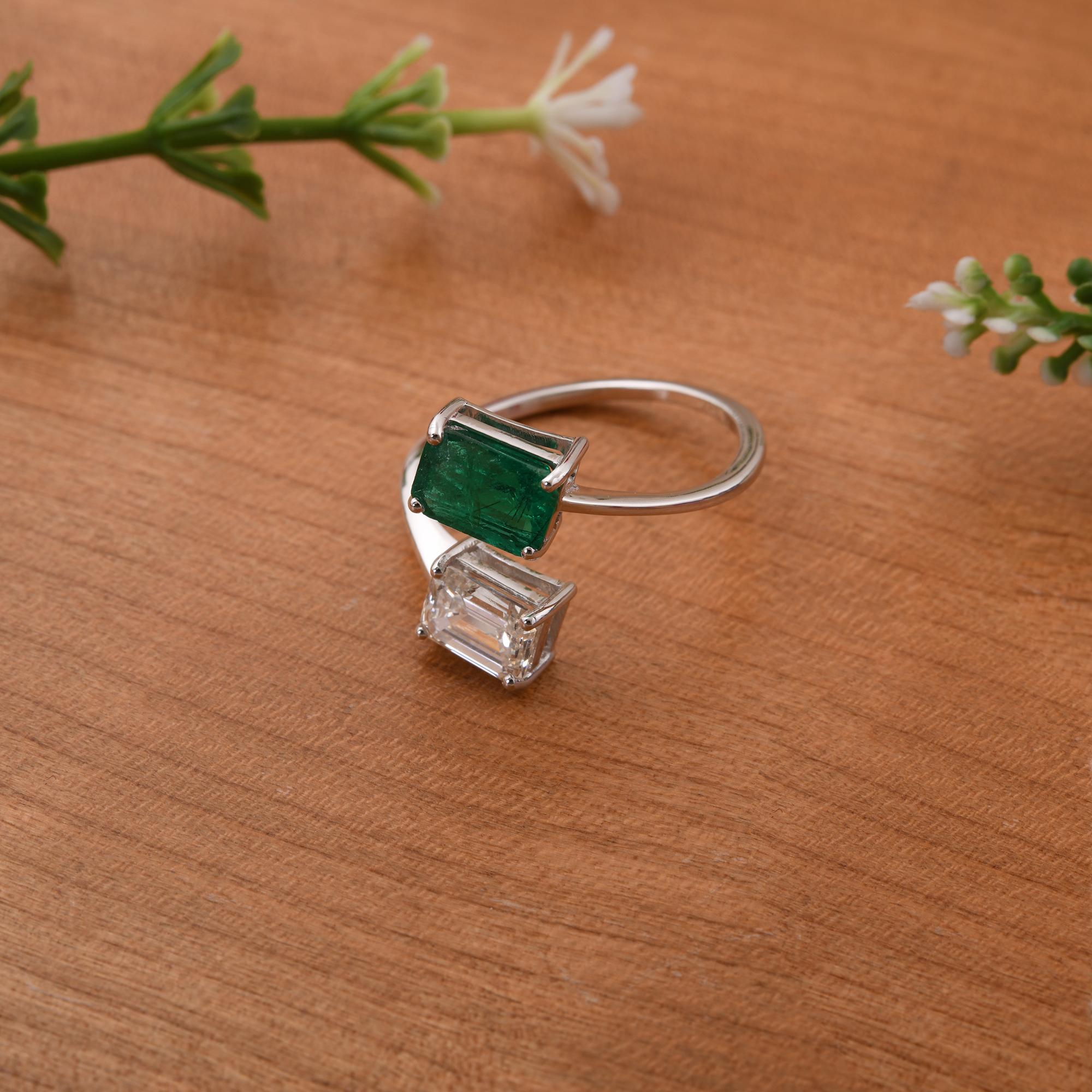 Modern 0.95 Carat Zambian Emerald 0.90 Carat Emerald Cut Diamond 14k White Gold Ring For Sale