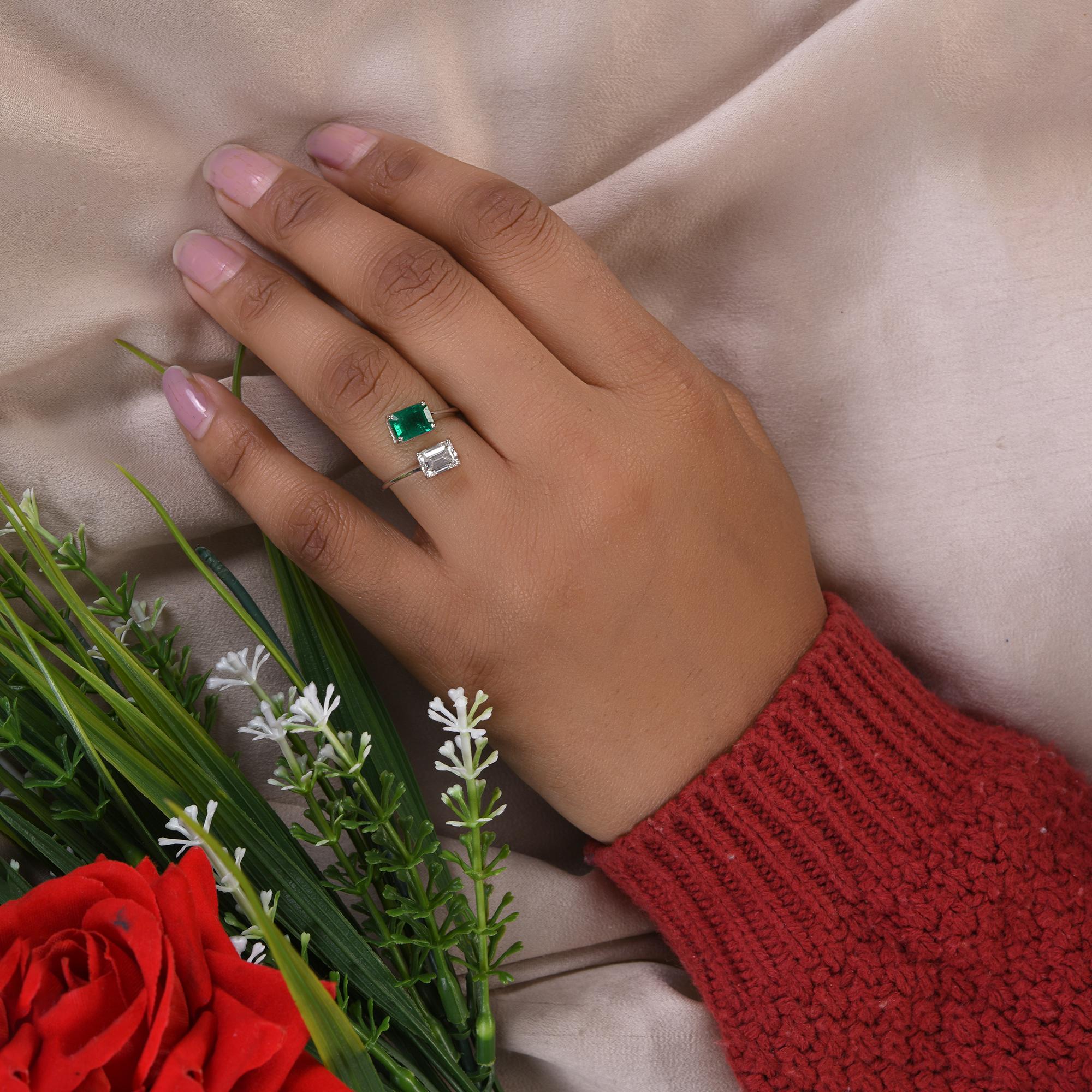 Women's 0.95 Carat Zambian Emerald 0.90 Carat Emerald Cut Diamond 14k White Gold Ring For Sale