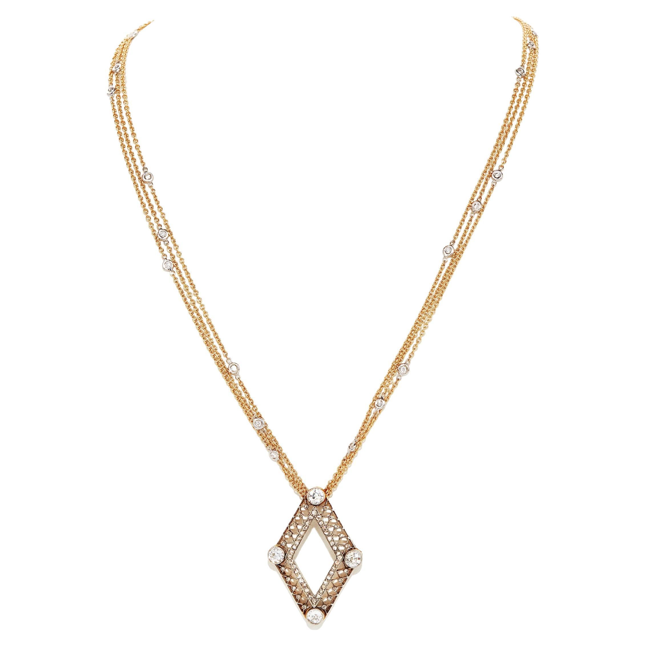 0.95 Carats Diamond Shaped Pendant in Platinum 18 Karat Triple Chain For Sale