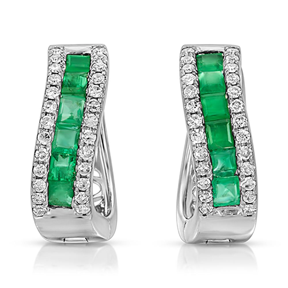 Round Cut 0.95 Carat Colombian Emerald and 0.36 CT Diamonds 14K White Gold Hoop Earrings For Sale
