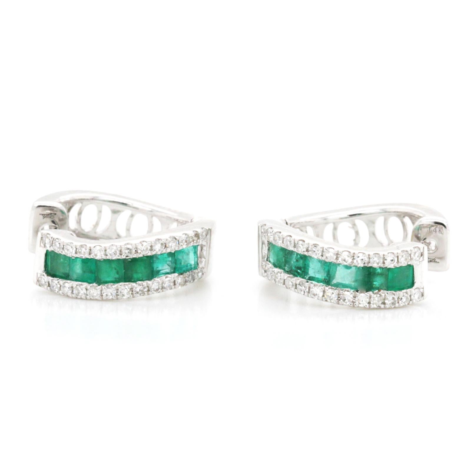 0.95 Carat Colombian Emerald and 0.36 CT Diamonds 14K White Gold Hoop Earrings In Excellent Condition For Sale In Los Angeles, CA