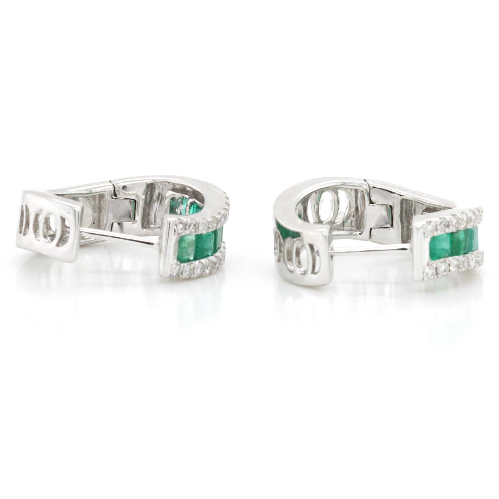 Women's 0.95 Carat Colombian Emerald and 0.36 CT Diamonds 14K White Gold Hoop Earrings For Sale