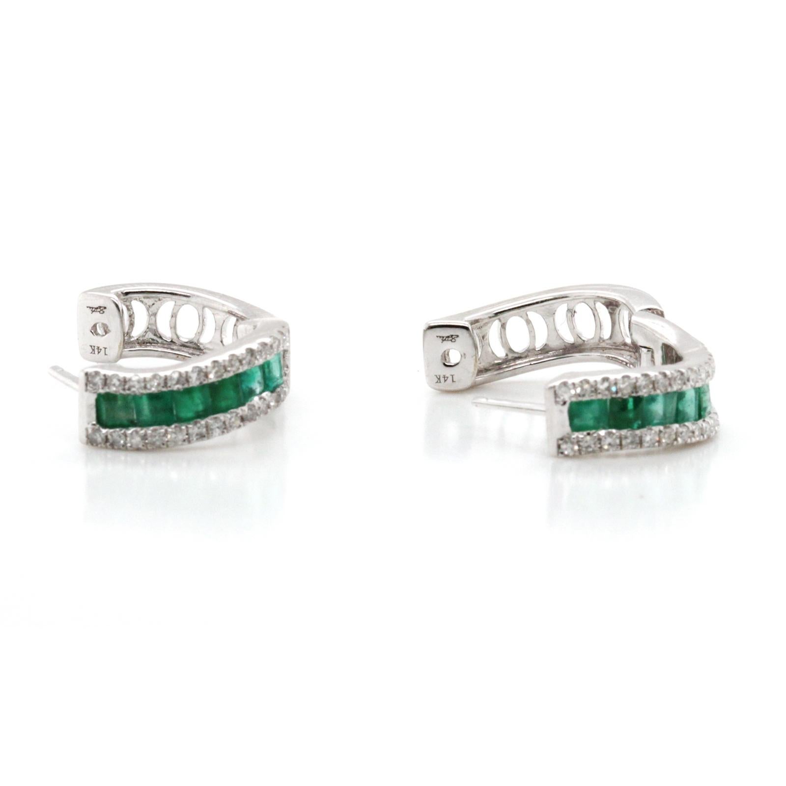 0.95 Carat Colombian Emerald and 0.36 CT Diamonds 14K White Gold Hoop Earrings For Sale 1