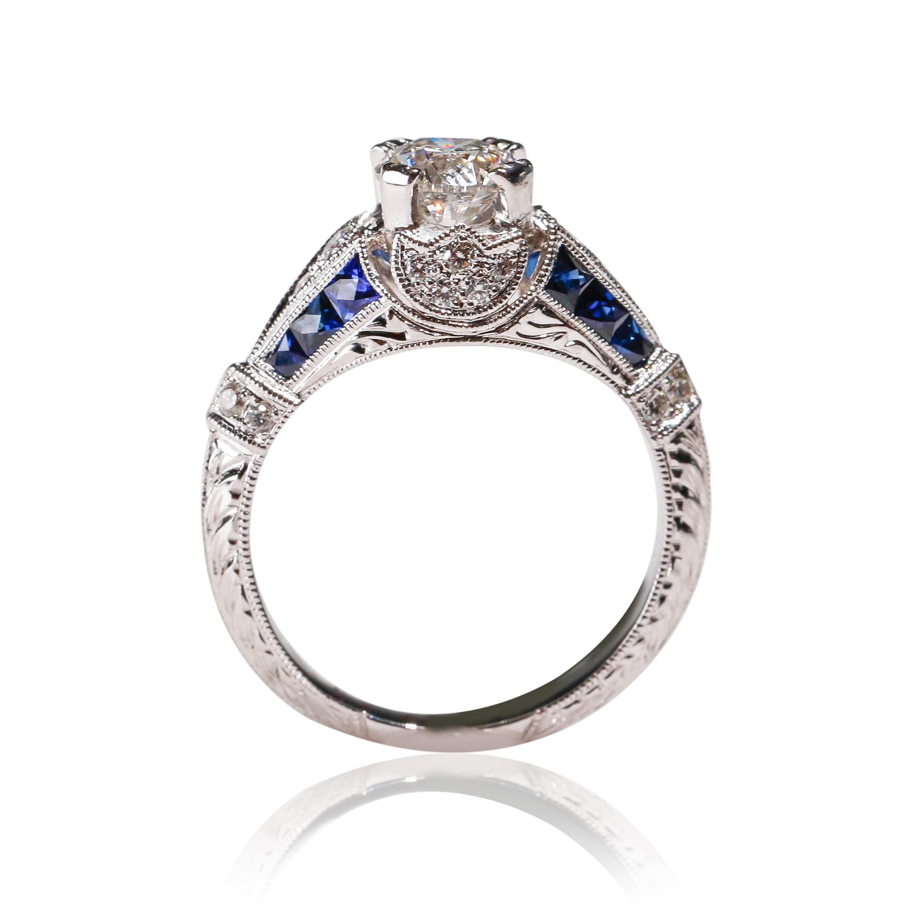 0.95 Carat Diamond 0.76 Carat Blue Sapphire Ring 18 Karat White Gold Engagement 

Crafted in 18 kt White Gold, this Unique design showcases blue sapphire 0.95 TCW Round-shaped diamond, set in a halo of round mesmerizing diamonds, Polished to a