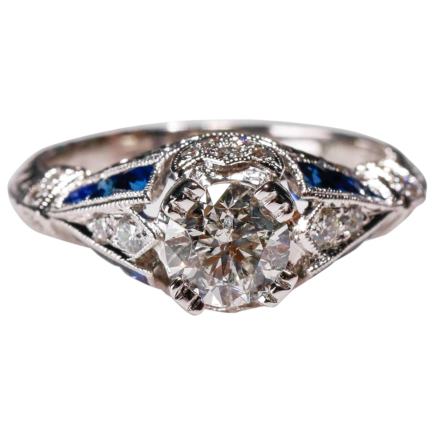 0.95 Carat Diamond 0.76 Carat Blue Sapphire Ring 18 Karat White Gold Engagement 