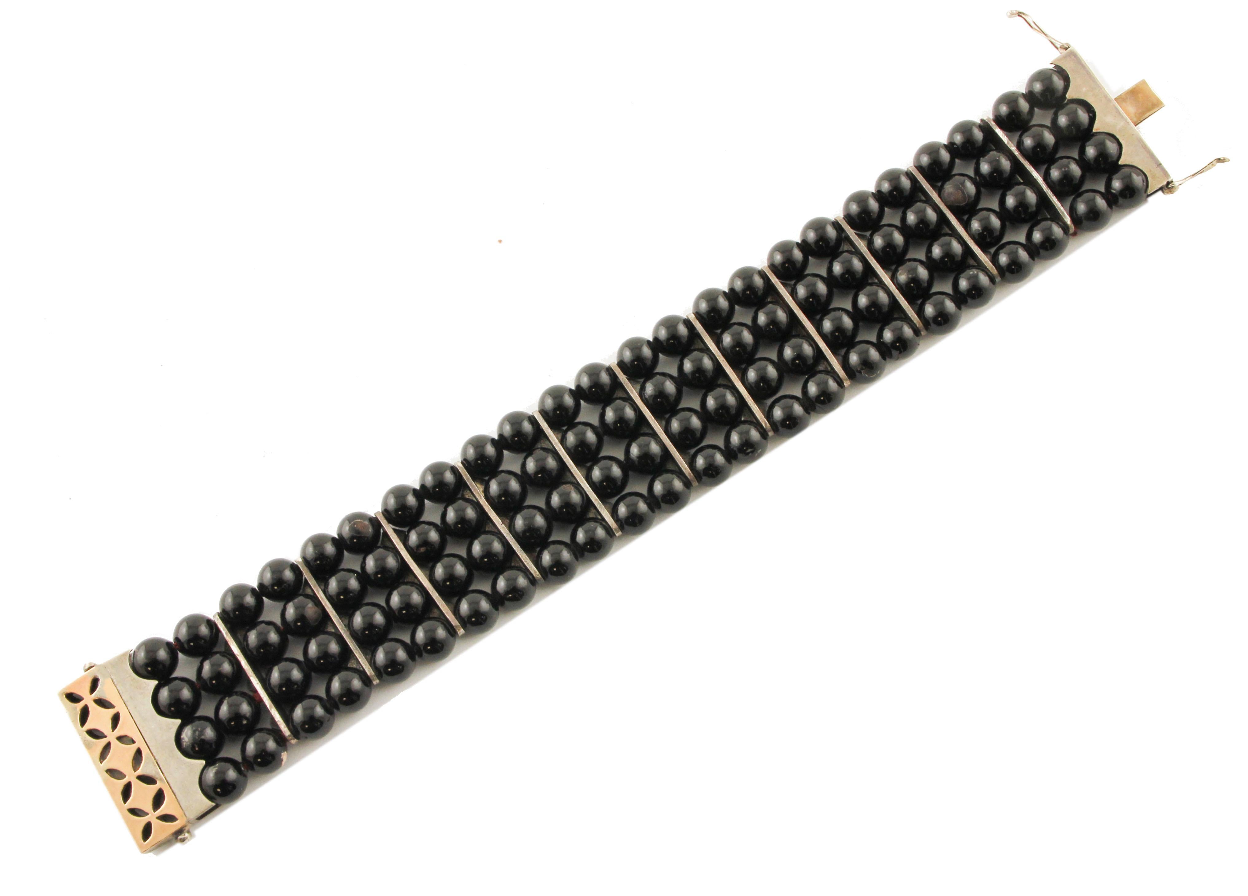 Mixed Cut 0.95 ct Diamonds, 23.15 ct Black Stones Rose Gold Silver Beaded Link Bracelet  For Sale