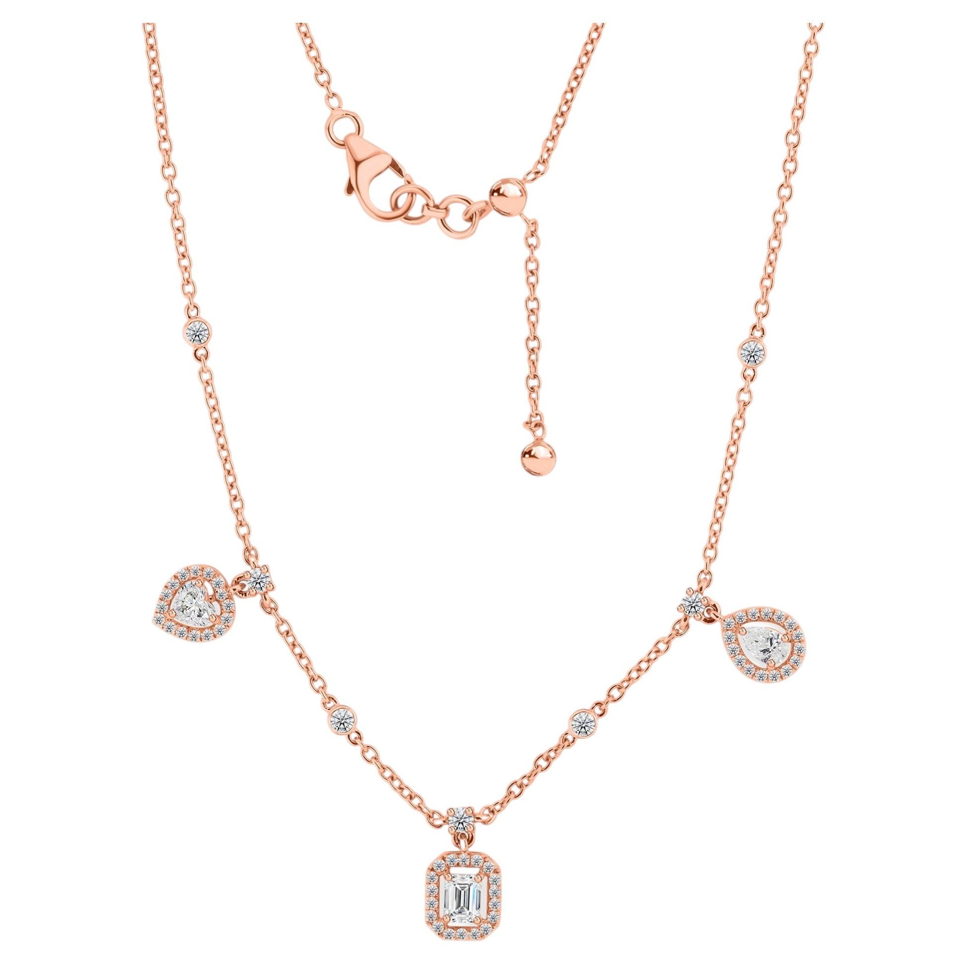 0.95 Ct Natural Diamond Multi Shape Halo Pendant Station Necklace 18K Rose Gold