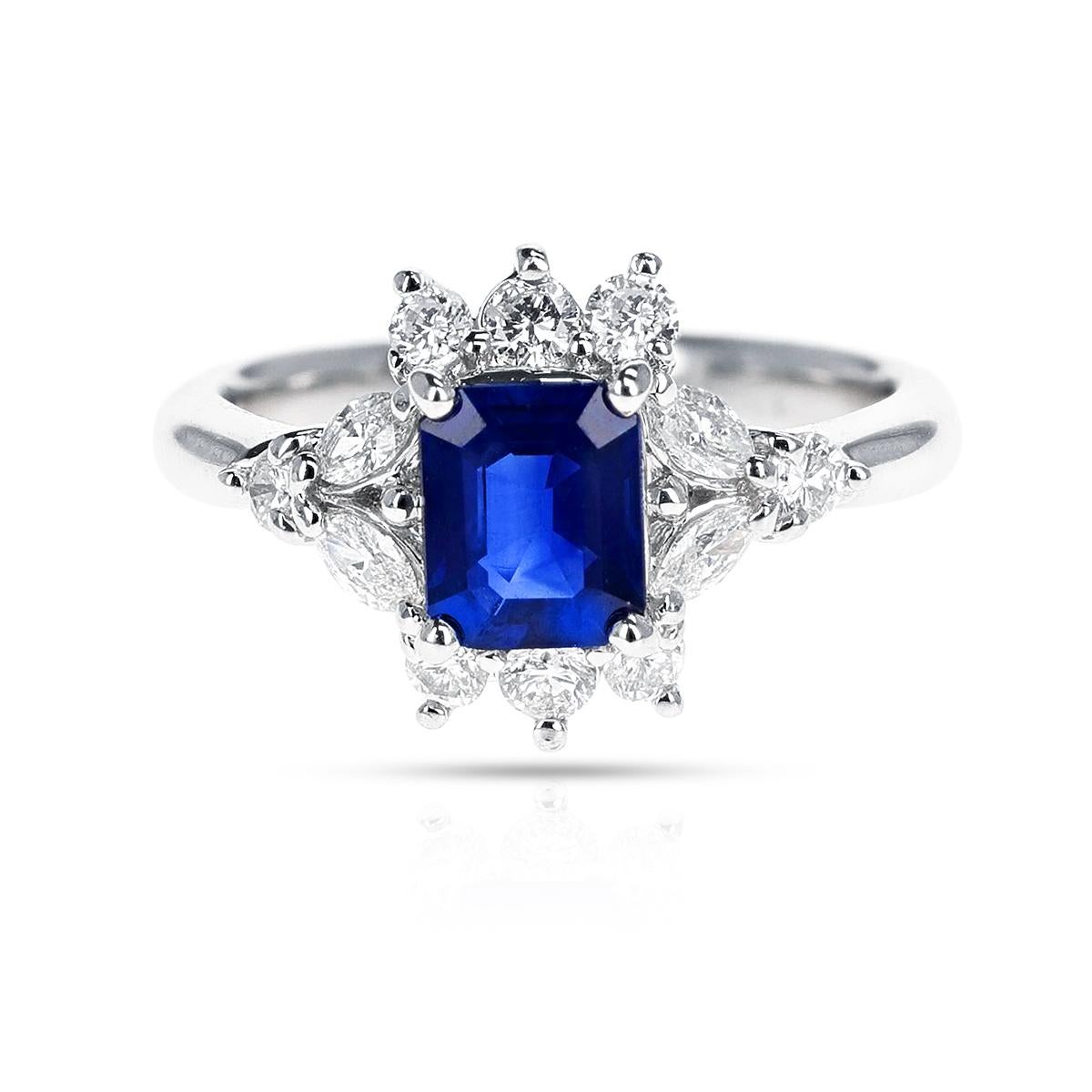 Emerald Cut 0.95 ct. Sapphire and Diamond Engagement Ring, Platinum For Sale