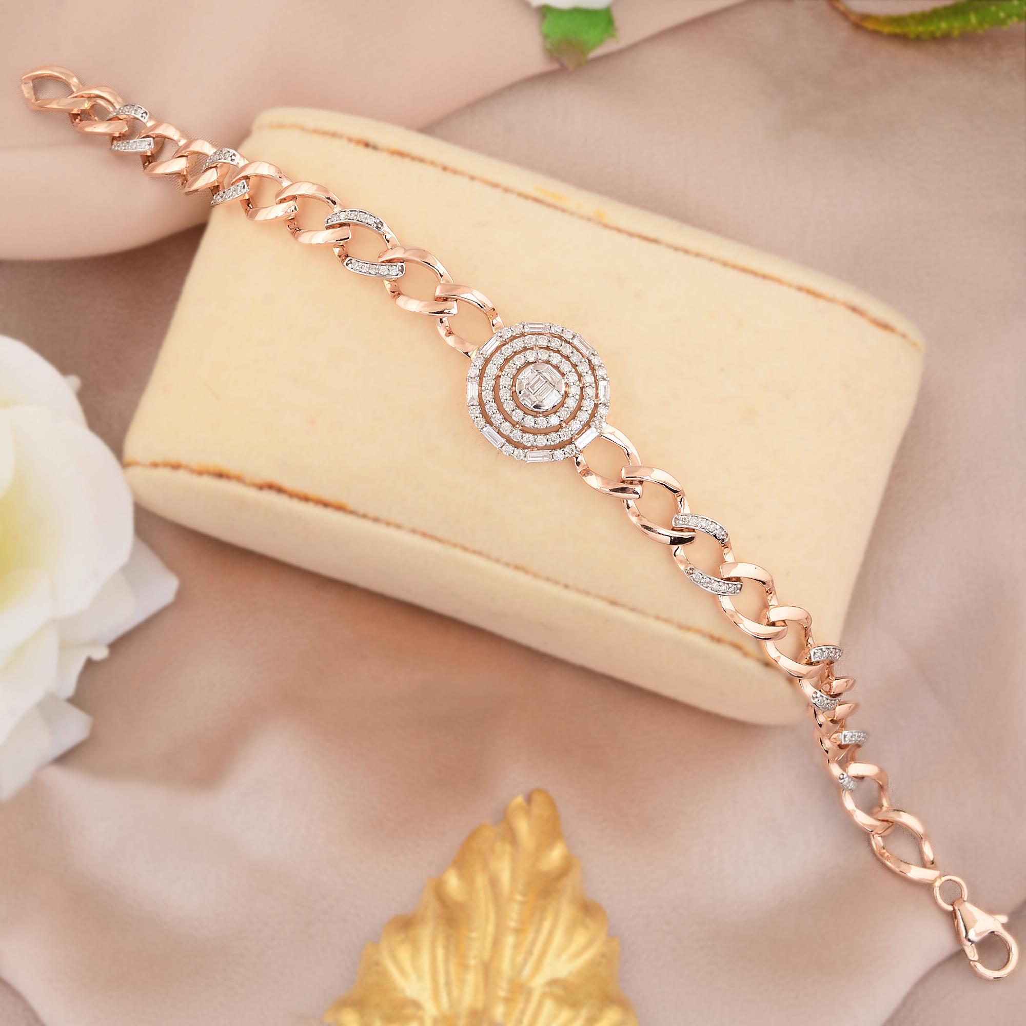 Modern 0.95 Ct SI Clarity HI Color Baguette Round Diamond Charm Bracelet 18Kt Rose Gold For Sale