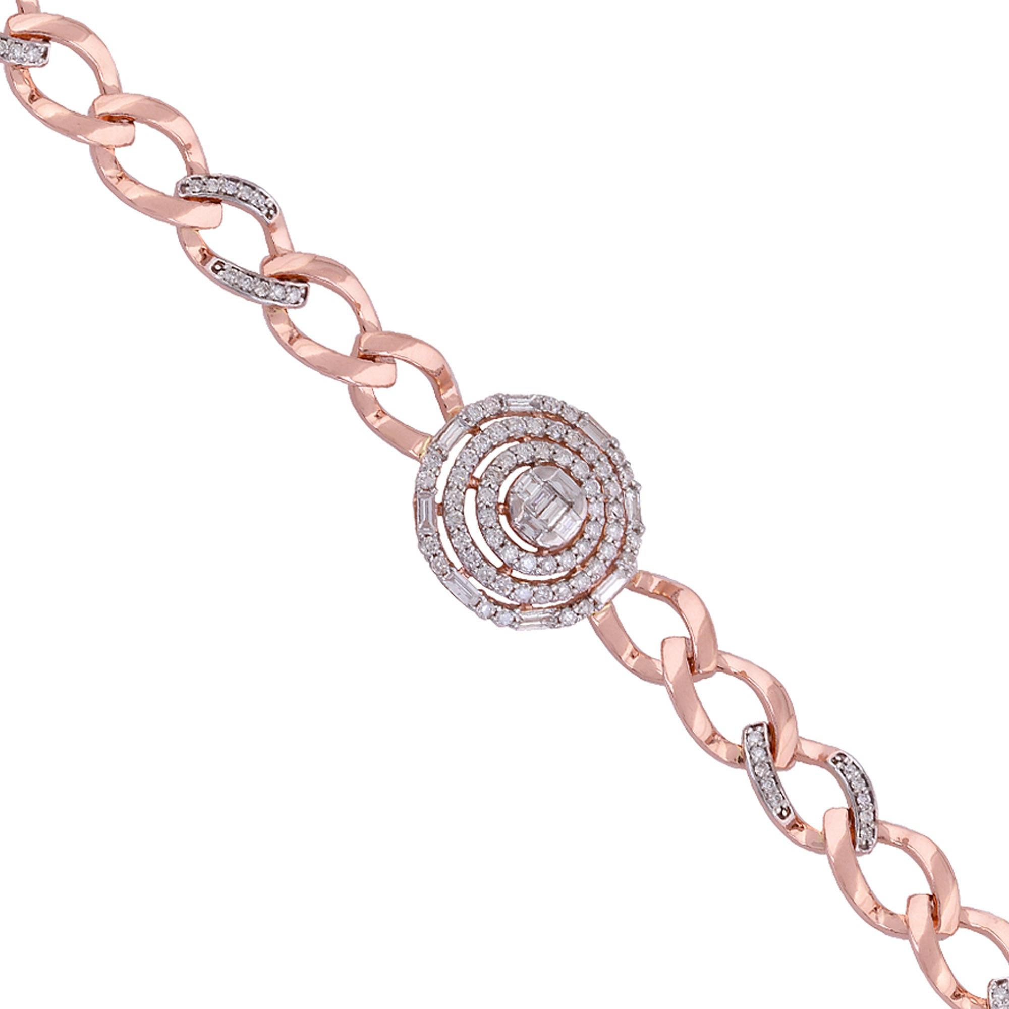 0.95 Ct SI Clarity HI Color Baguette Round Diamond Charm Bracelet 18Kt Rose Gold In New Condition For Sale In Diera, Dubai
