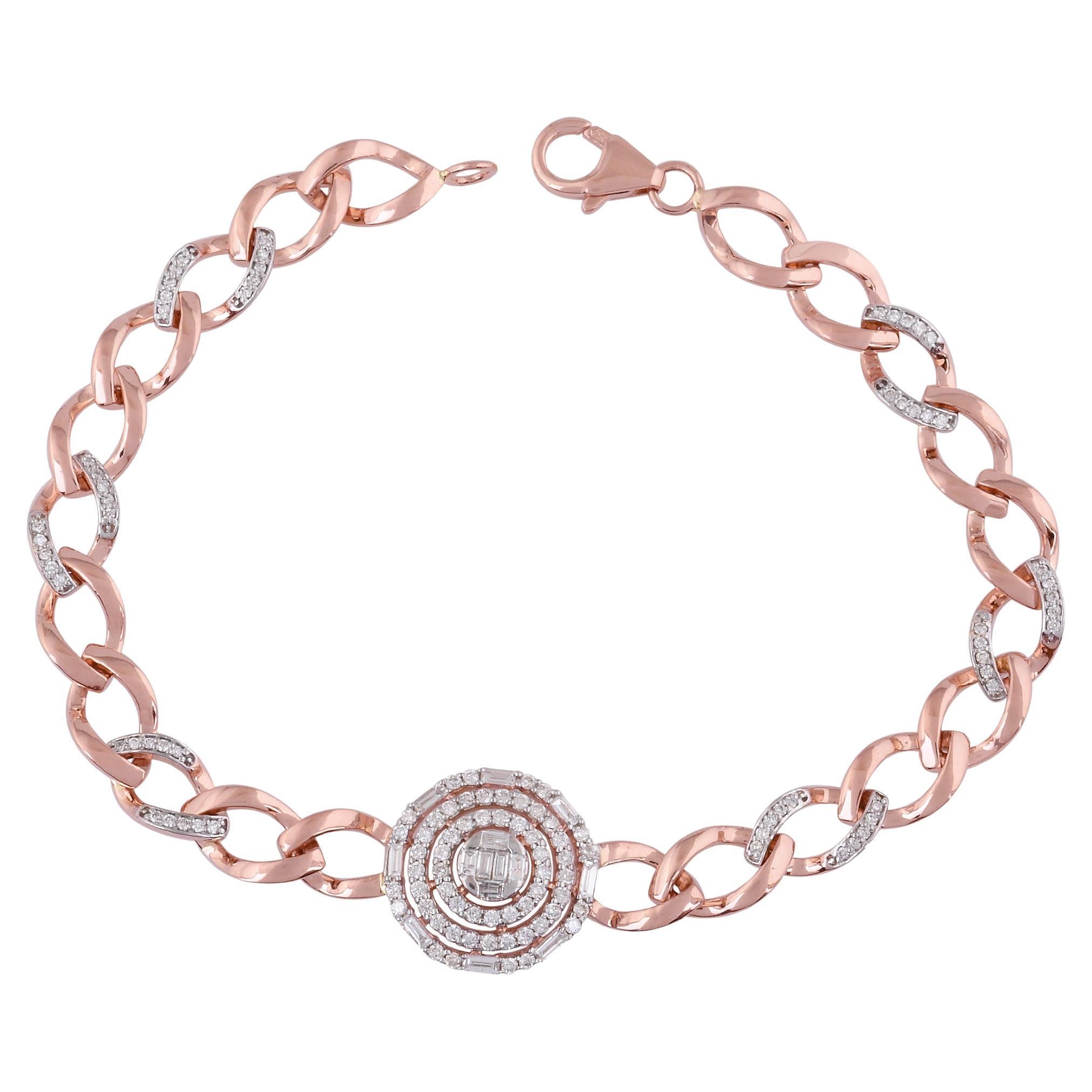 0.95 Ct SI Clarity HI Color Baguette Round Diamond Charm Bracelet 18Kt Rose Gold For Sale