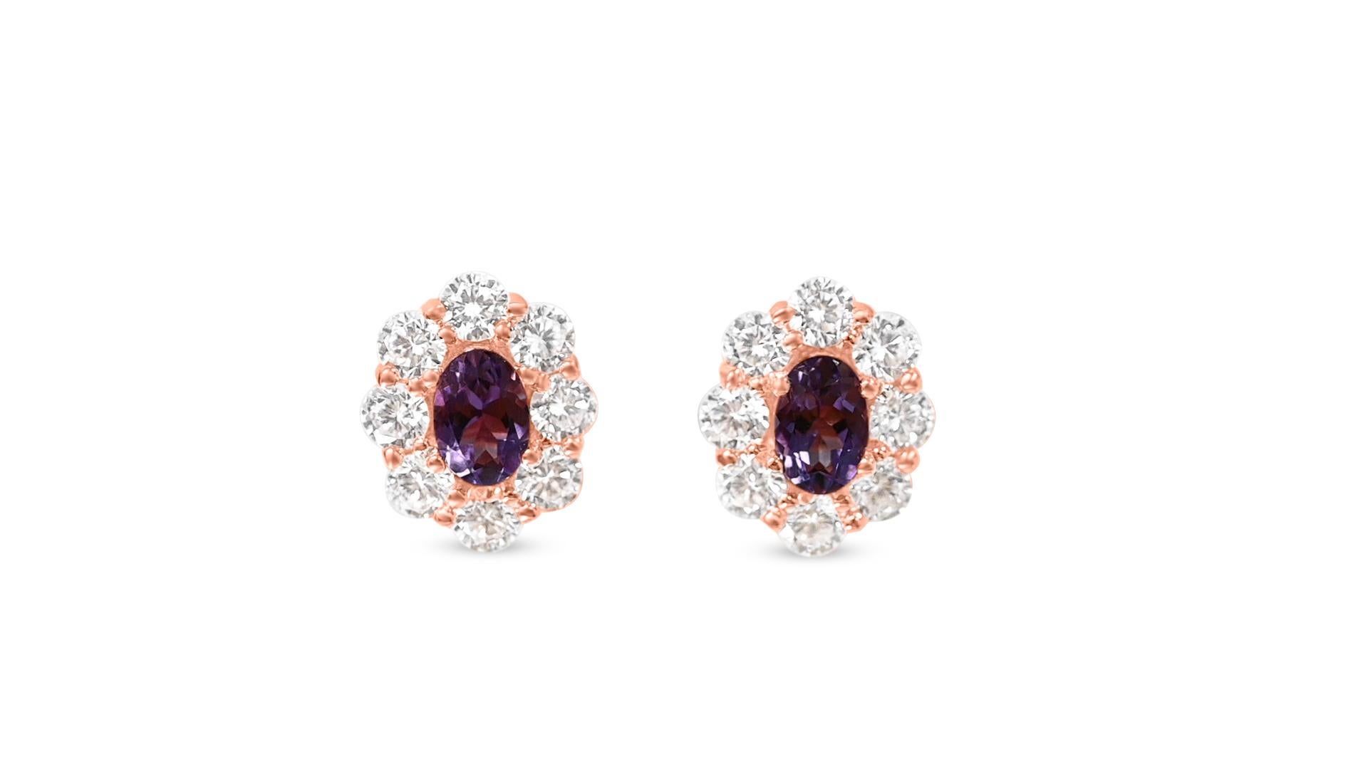 Oval Cut 0.95 Cts Natural Amethyst Studs Earrings Rose Gold Plated Bridal Stud Earrings   For Sale