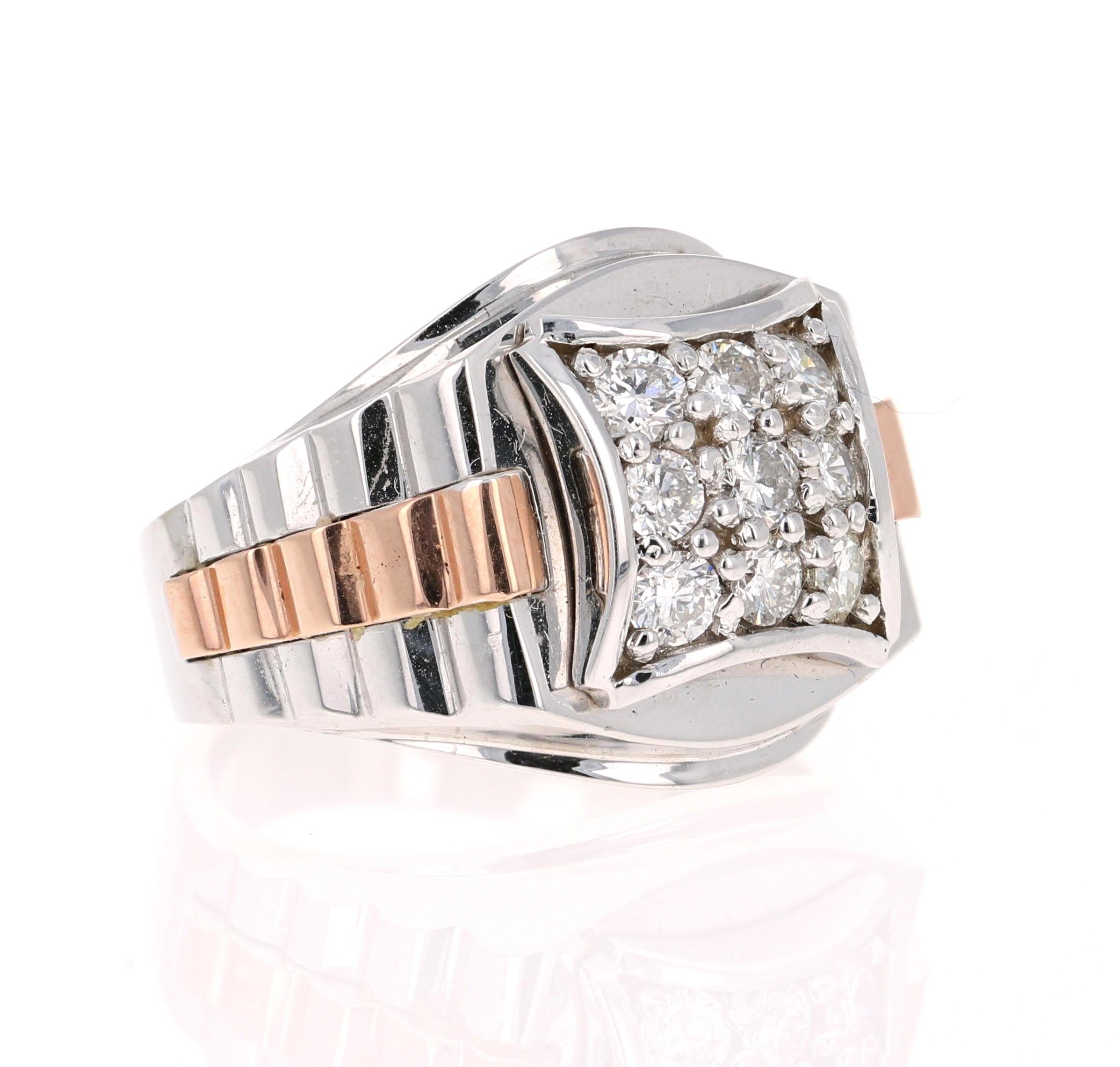 We have a Men's Collection of Fine Jewelry!  Beautiful, Bold, Masculine and Simple Men's Wedding Rings/Bands. 

This Men's Ring has 9 Round Cut Diamonds that weighs 0.95 Carats.  The Clarity and Color of the Diamonds is SI-F.

It is crafted in 14