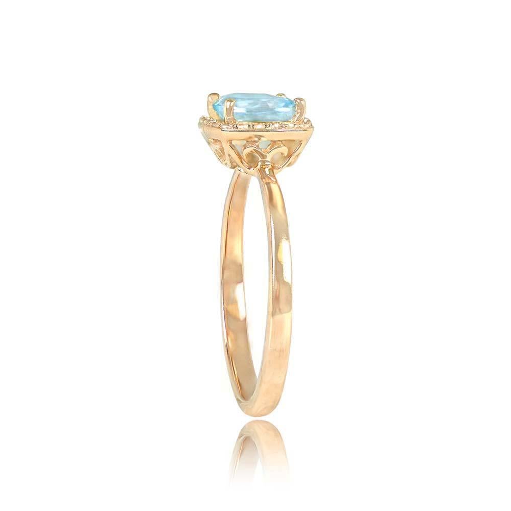 Art Deco 0.95ct Cushion Cut Aquamarine Engagement Ring, Diamond Halo, 18k Yellow Gold For Sale