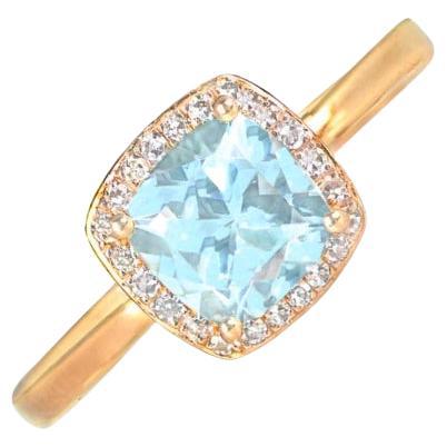 0.95ct Cushion Cut Aquamarine Engagement Ring, Diamond Halo, 18k Yellow Gold For Sale