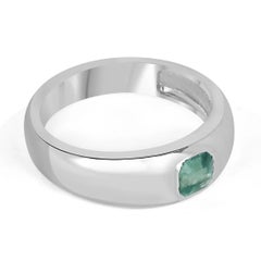 0.95ct SS Solitaire Men's Medium Green Asscher Cut Emerald Bezel Set Band Ring
