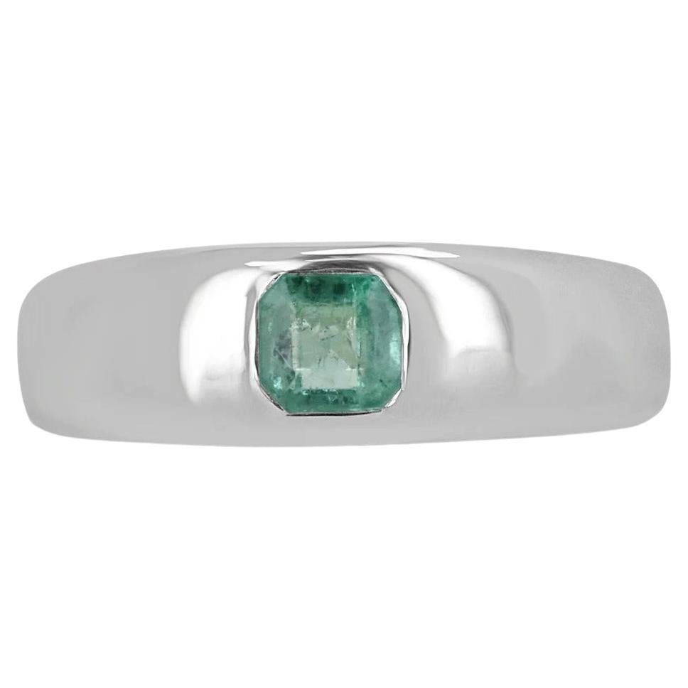 0.95ct SS Solitaire Men's Medium Green Asscher Cut Emerald Bezel Set Band Ring For Sale