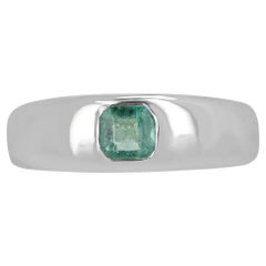 0.95ct SS Solitaire Men's Medium Green Asscher Cut Emerald Bezel Set Band Ring