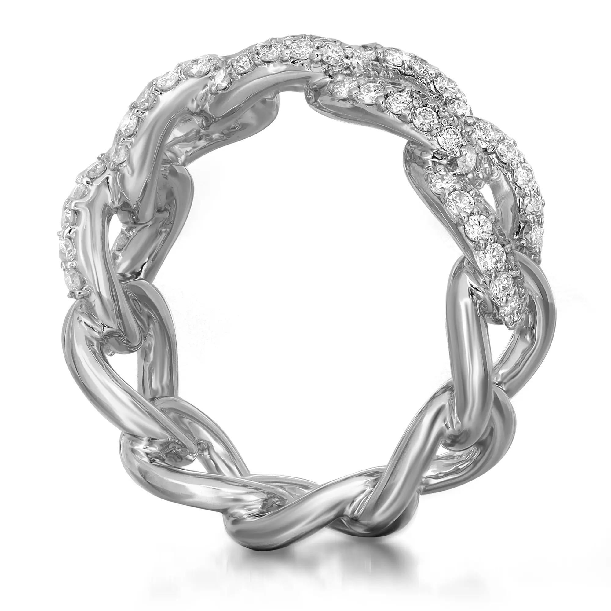 This classic yet elegant chain link ring band features pave set round brilliant cut diamonds encrusted halfway through the ring. Crafted in high polished 18k white gold. Total diamond weight: 0.95 carat. Diamond quality: Color G-H and Clarity VS-SI.