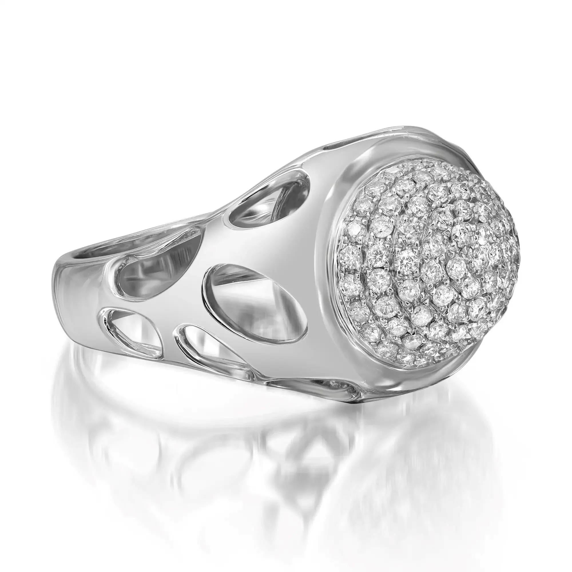 Taglio rotondo Anello da cocktail unisex con diamante taglio rotondo 0,95cttw Pave Set 14k White Gold in vendita