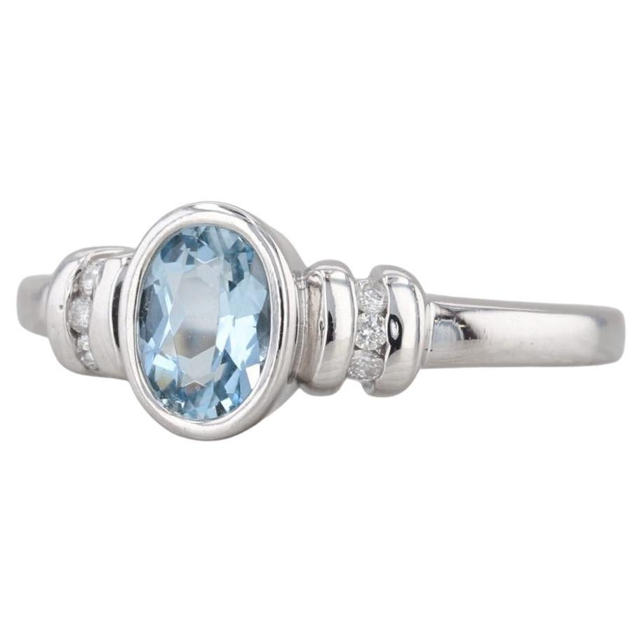 0.95ctw Aquamarine Diamond Ring 14k White Gold Bezel Set Oval Size 8.5 For Sale