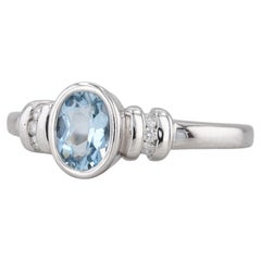 0.95ctw Aquamarine Diamond Ring 14k White Gold Bezel Set Oval Size 8.5