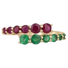 0.95tcw 14K Emerald & Ruby Bypass Ring - Round Cut 585 Gold Stacking Ring