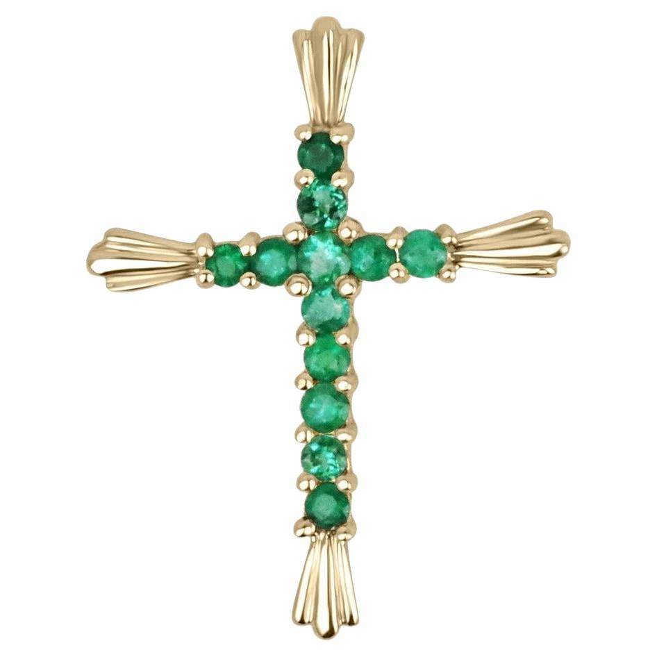 0.95tcw 18K Natural Round Cut Emerald Religious Gold Cross Pendant Necklace