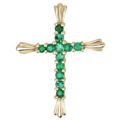 0.95tcw 18K Natural Round Cut Emerald Religious Gold Cross Pendant Necklace