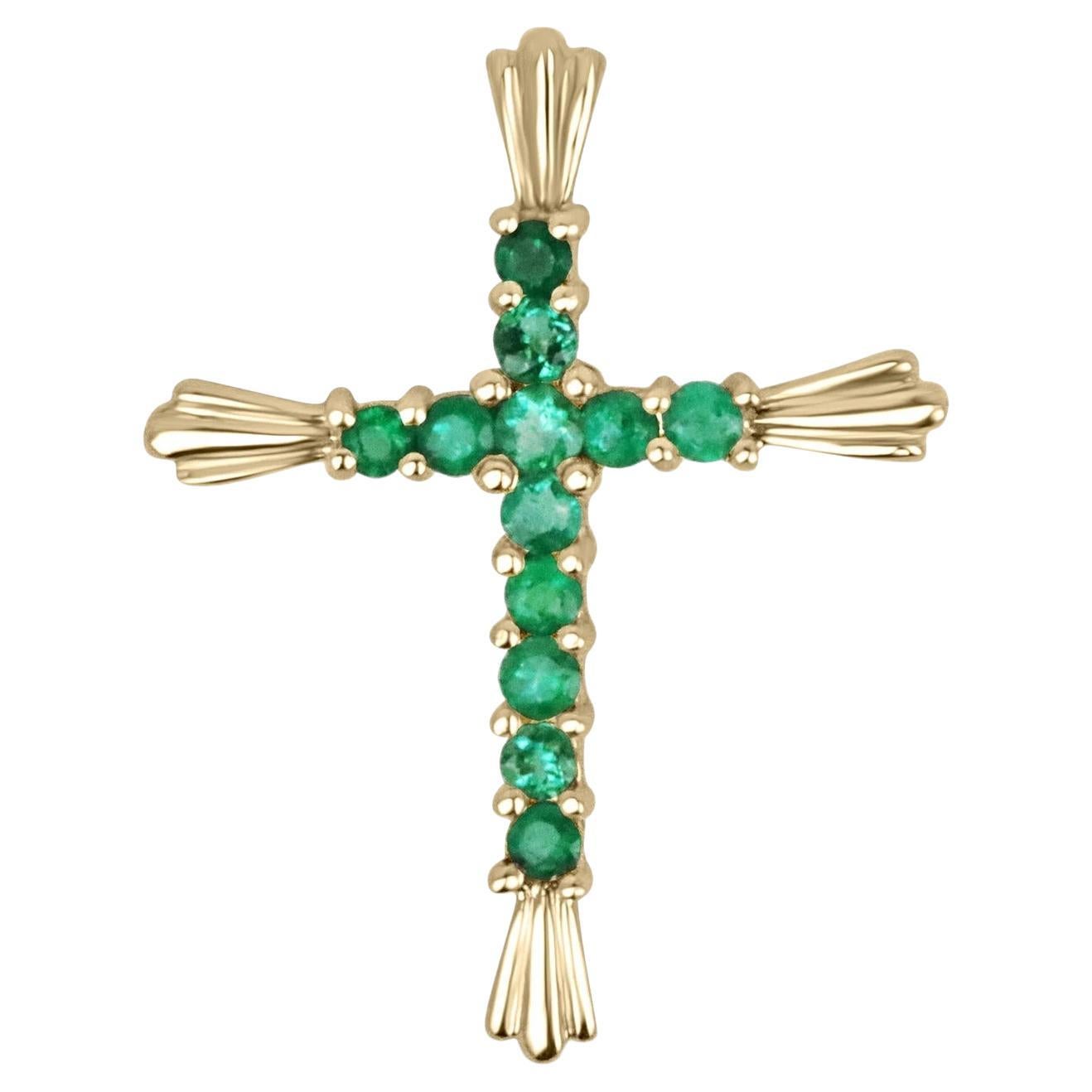 0.95tcw Natural Colombian Emerald Rich Green Round Cut Cross Pendant 18K For Sale