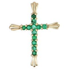 0.95tcw Natural Colombian Emerald Rich Green Round Cut Cross Pendant 18K