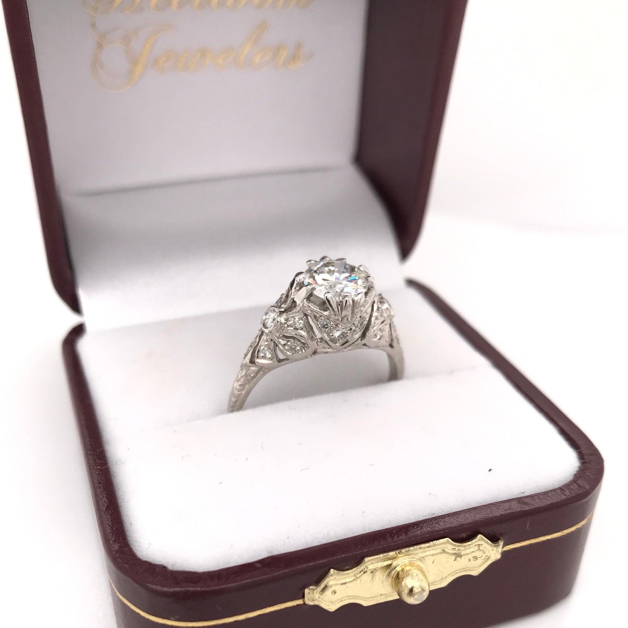 0.96 Carat Antique Style Platinum Diamond Ring 1