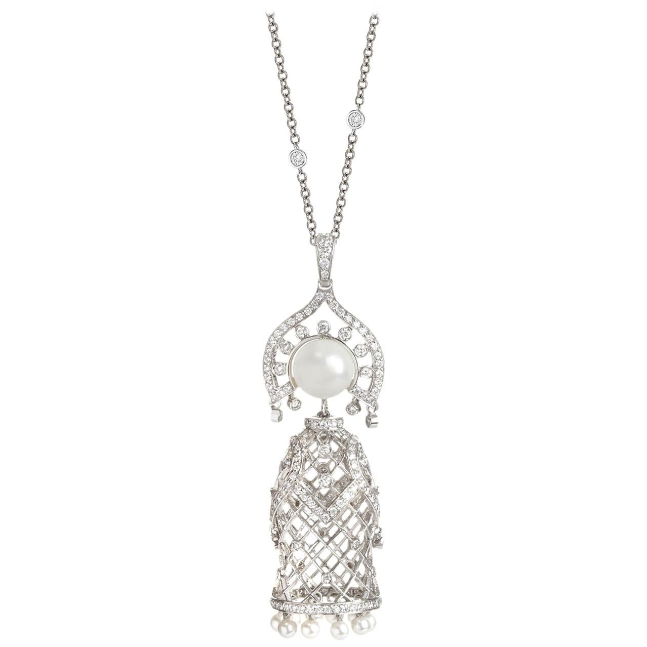 Sybarite Doll Pendant Necklace in White Gold with White Diamonds & Pearl