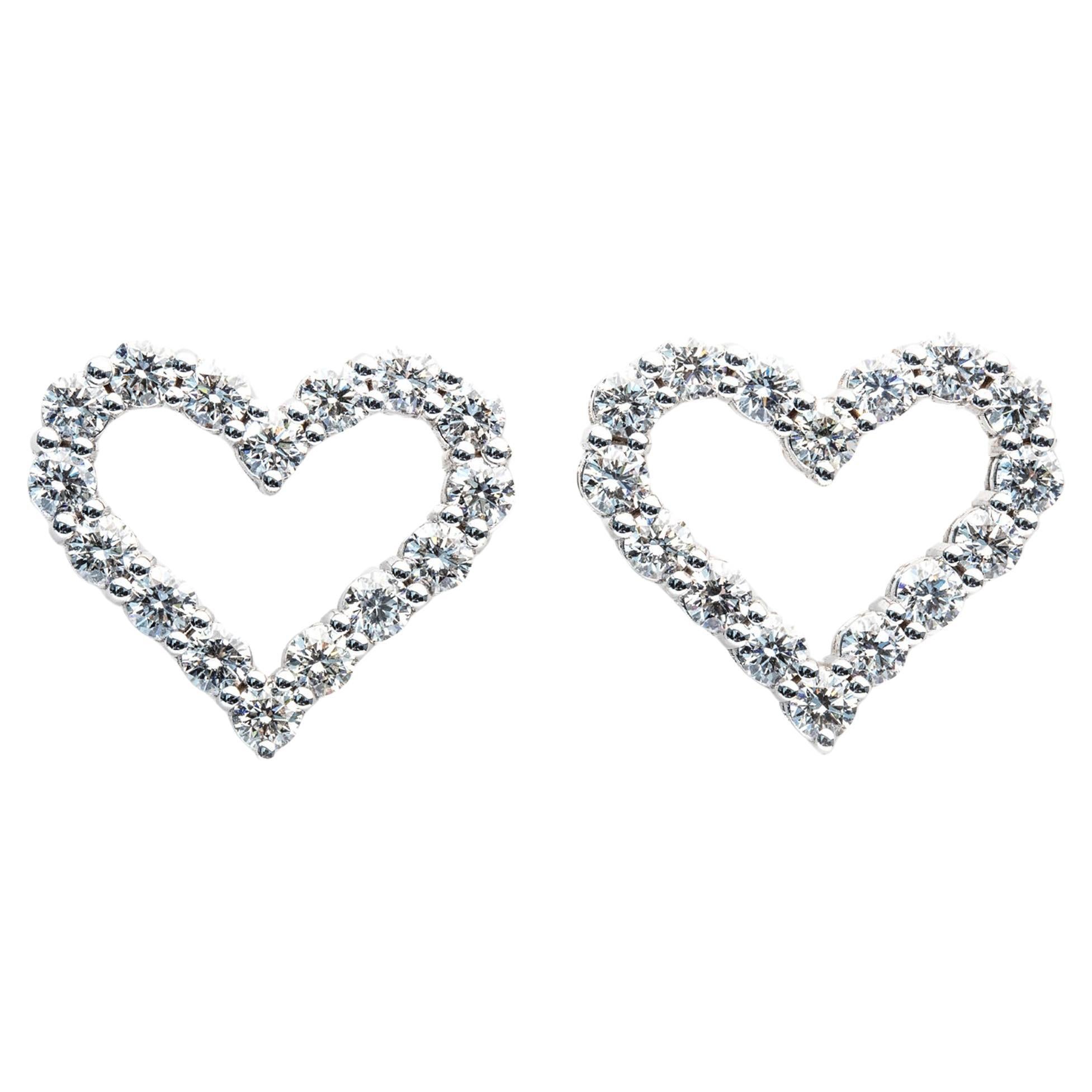 0.96 Carat E - F Color VS Clarity Diamond Open Heart 18k White Gold Earrings For Sale