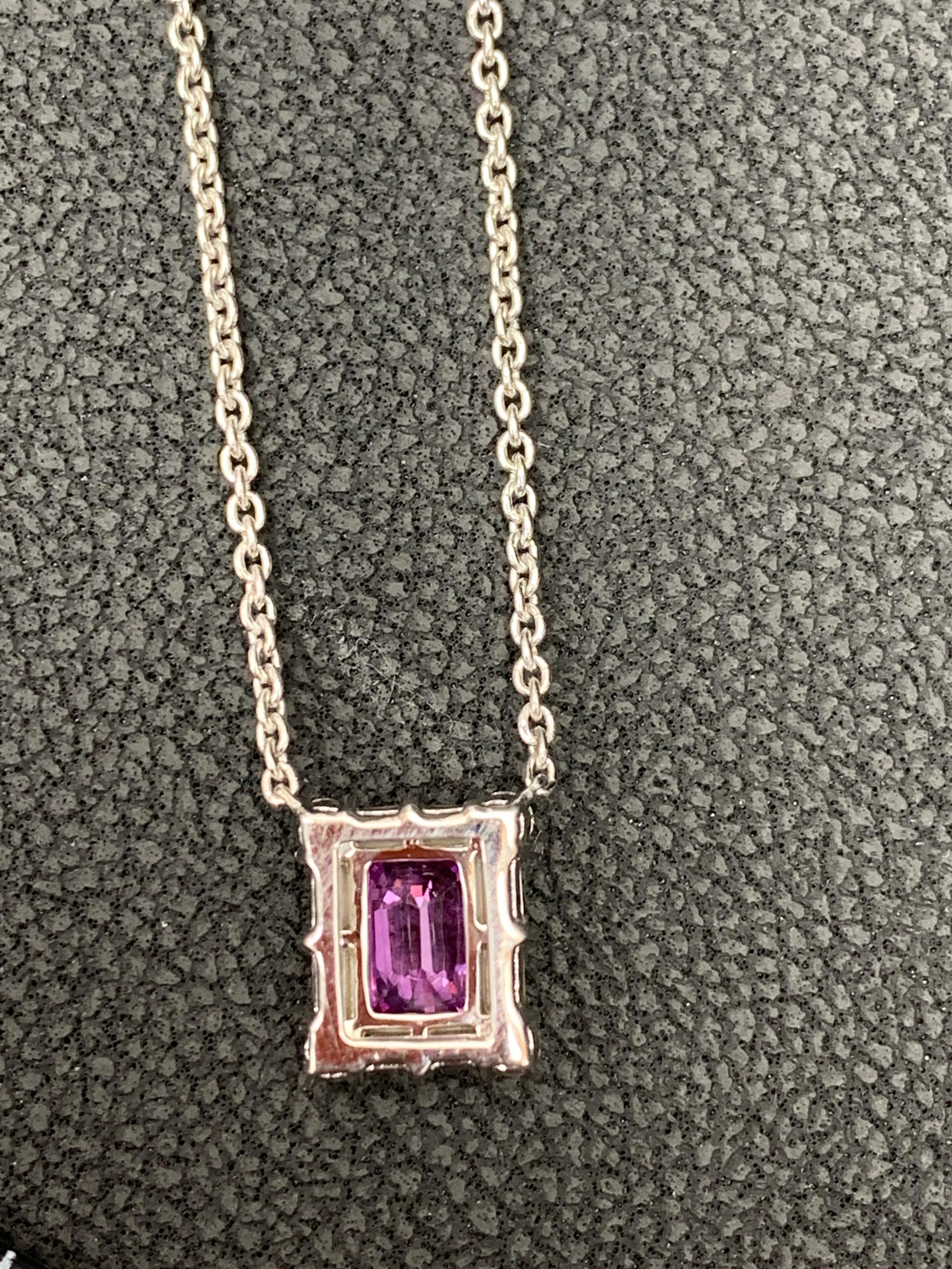 0.96 Carat Emerald Cut Pink Sapphire Diamond Pendant Necklace in 18K White Gold For Sale 2