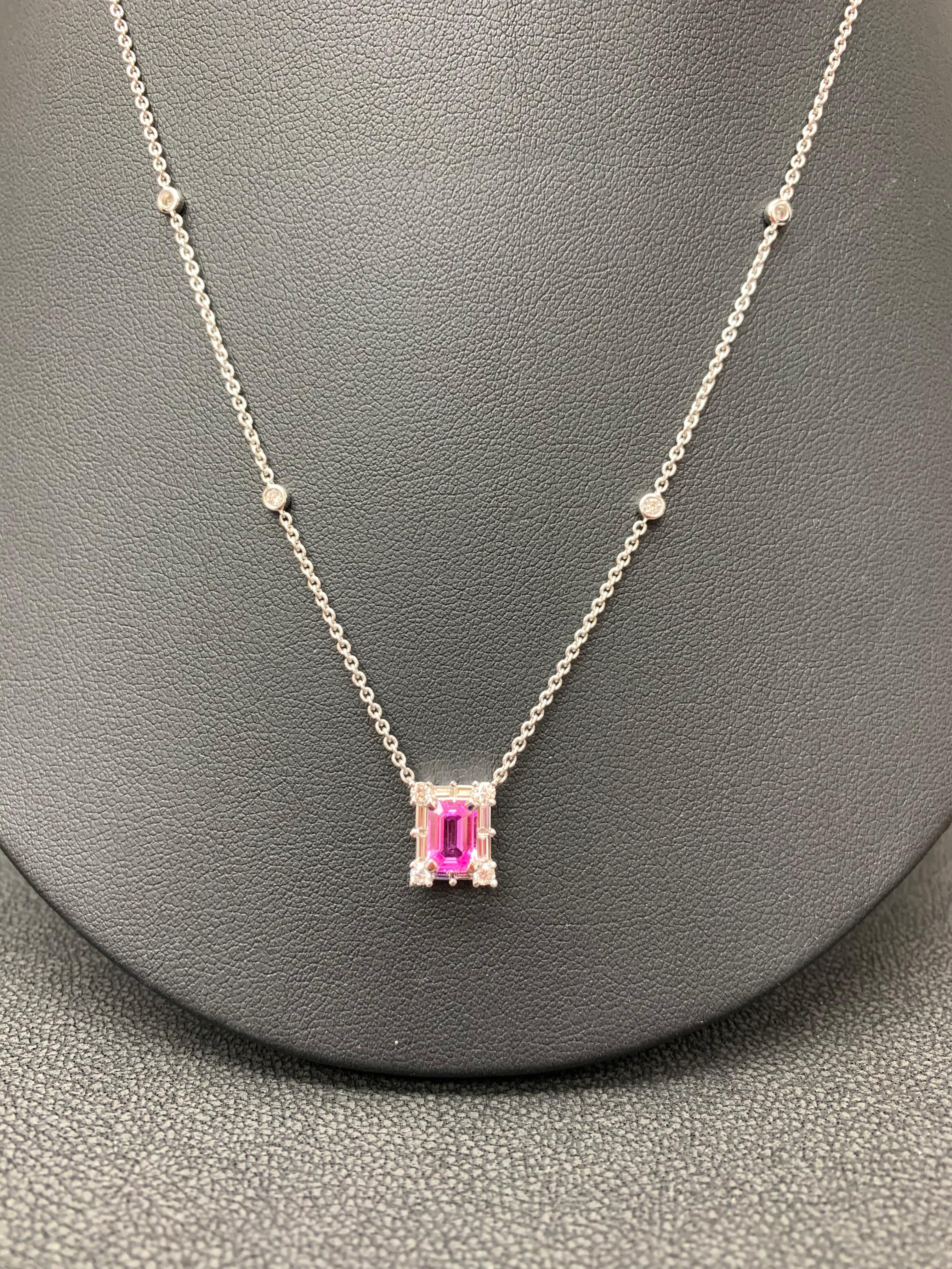 0.96 Carat Emerald Cut Pink Sapphire Diamond Pendant Necklace in 18K White Gold For Sale 3