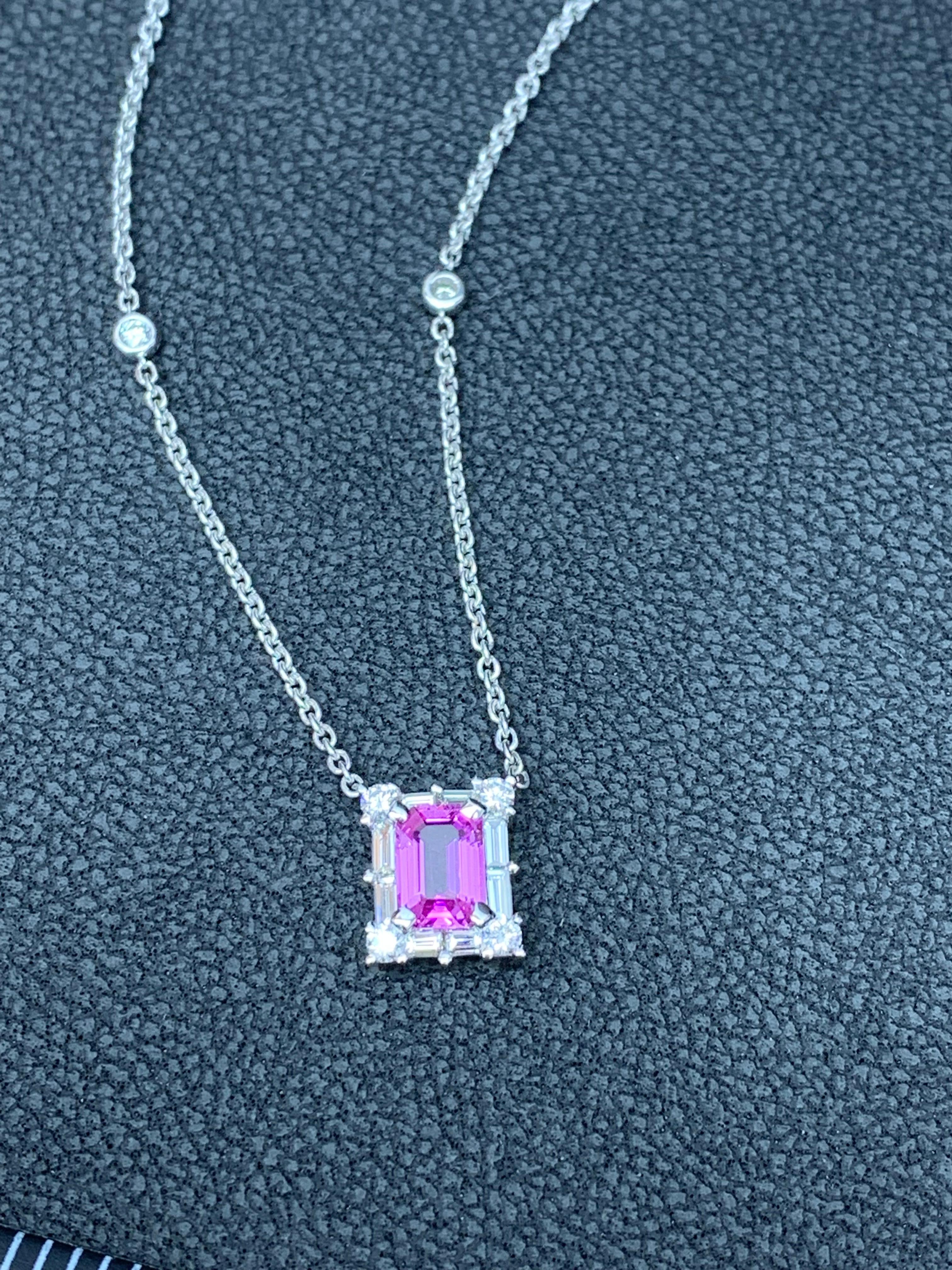 Modern 0.96 Carat Emerald Cut Pink Sapphire Diamond Pendant Necklace in 18K White Gold For Sale