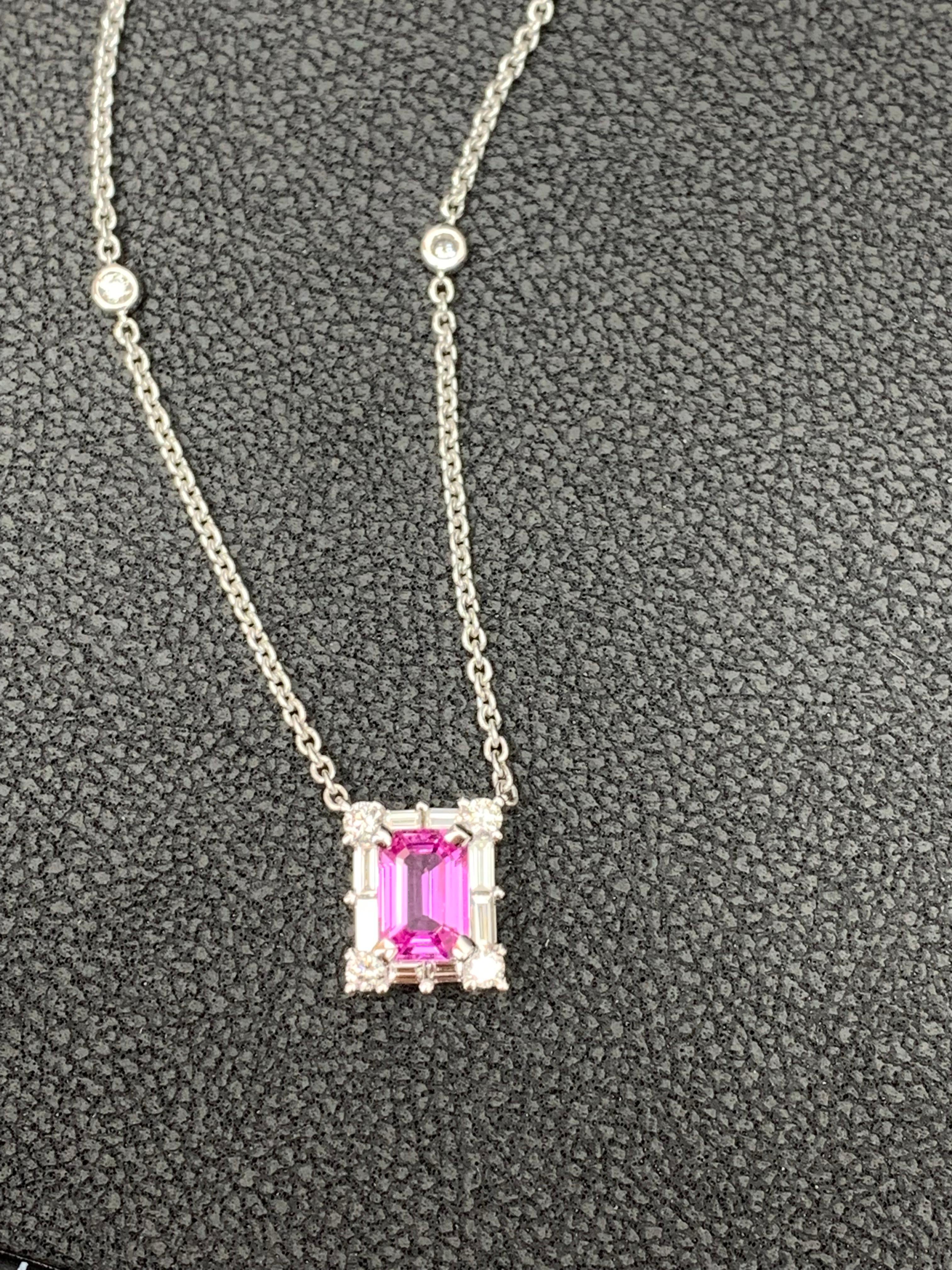 0.96 Carat Emerald Cut Pink Sapphire Diamond Pendant Necklace in 18K White Gold In New Condition For Sale In NEW YORK, NY